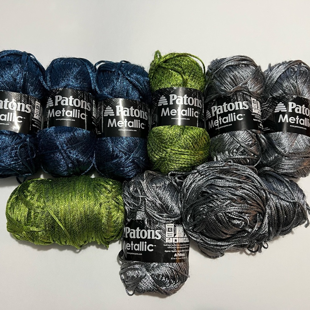 Patons Metallic Yarn Lot 9 skeins in Green, Pewter, and Blue Steel